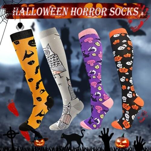 Women Print Sports Socks Horror Halloween Party Harajuku Pressure Compression Socks Outdoor Running Middle Stockings
