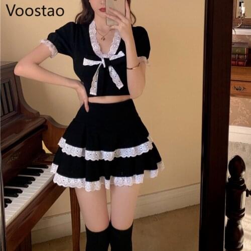 Black Gothic Lolita Style 2 Piece Set Women Vintage Victorian Bow Lace Patchwork Ruffles Crop Tops Mini Skirts Girls Punk Outfit