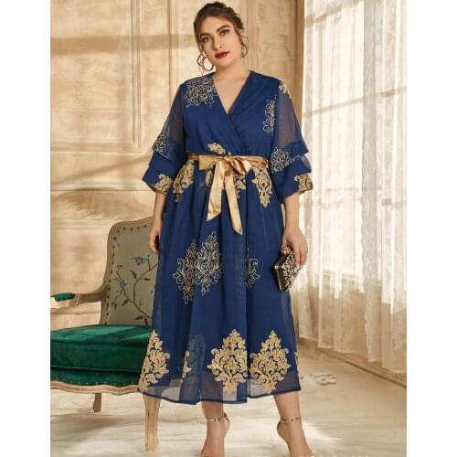 Mesh Sashes Summer Autumn Midi Dress Women Embroidery Dresses Three Quarter Sleeve Large Plus Size Fashion Elegant