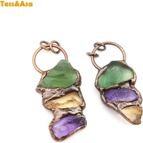 3pcs Natural Crystal RawStone Pendant Threecolour Amethyst Citrine Green Fluorite Bronze Necklace Irregularity Women Men Jewelry