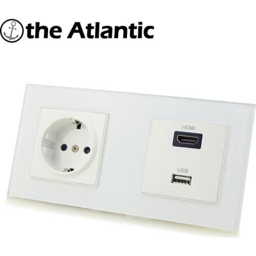 Atlectric EU Standard Plug Wall Power Socket Electrical Outlet Double Socket HDMI HD USB TV Port Socket Tempered Glass Panel