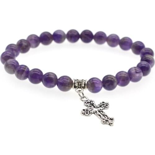 Purple pink quartz stone cross bracelet 8mm beaded natural chakra lava bracelets pulsera mujer hombre