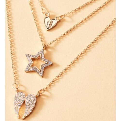 Origin Summer Stylish Full Rhinestone Star Heart Angel Wing Pendant Necklaces for Women Gold Metal 3 Layed Necklace Jewelry