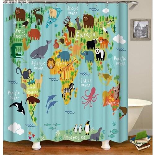 Childrens world map animal land ocean home decor waterproof Bathroom Shower curtain