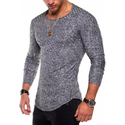 New Round Neck Mens T-Shirt Solid Color Stitching Arc Hem Bottoming Shirt Pullover Sportswear Gym Long Sleeve Plus Size Top