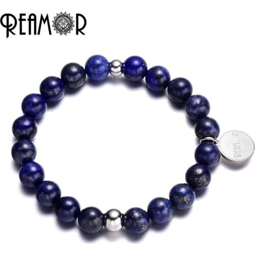 REAMOR Trendy Blue Lapis Lazuli Natural Stones Bracelet Stainless Steel Bead Charms Pulseras Elastic Beaded Bracelets&Bangle Men