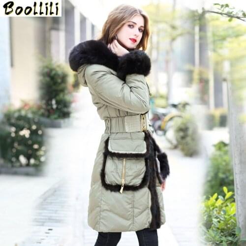 Boollili Womens Down Jacket Long Winter Coat Women Hooded Real Fox Fur Collar Korean Thick Duck Down Jackets Mink Fur