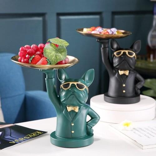 Nordic Butler Wang Key Tray Resin Cool Dog Sculpture Bulldog Decor Figurine Storage Tray Candy Snack Holder Modern Art Statue