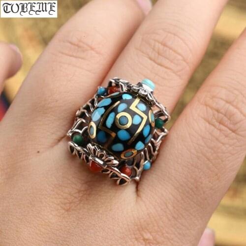 Handmade 925 Silver Tibetan 9 Eyes DZI Ring Tibetan Garuda Six Words Good Luck Ring Turquoise Agate 3 eyes DZI Turning Ring