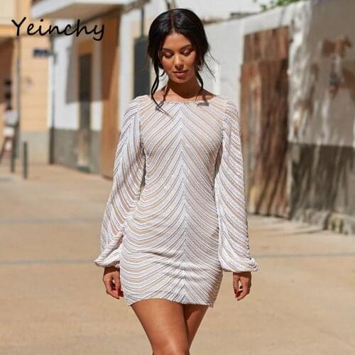 Yeinchy women sexy o neck long sleeve backless bodycon ladies party sequin Mini dress FM6012