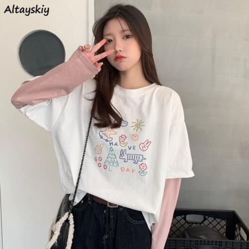 T-shirts Women Fake-two-piece O-neck Japanese Style Loose Students Fashion Patchwork Ladies Top Cartoon Pattern Harajuku Street