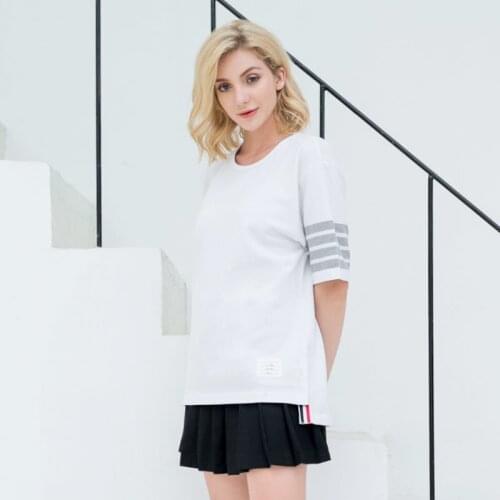 2021 Fashion TB THOM Brand T-Shirt Women Short Casual Clothing Loose Summer O-neck Striped Cotton T-Shirts