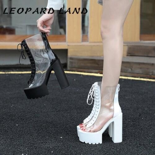 LEOPARD LAND 2021 Summer New Style Spring and Autumn Shoes Heel Platform Transparent Fish Mouth Sandal Lace -up Women Boots JXQ