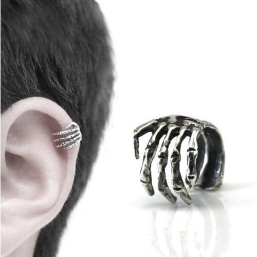 1Pc Unisex Punk Simple Design Silver Color Skeleton Finger Hand Ear Clip No Piercing Ear Cuff Punk Street Stainless Steel Studs