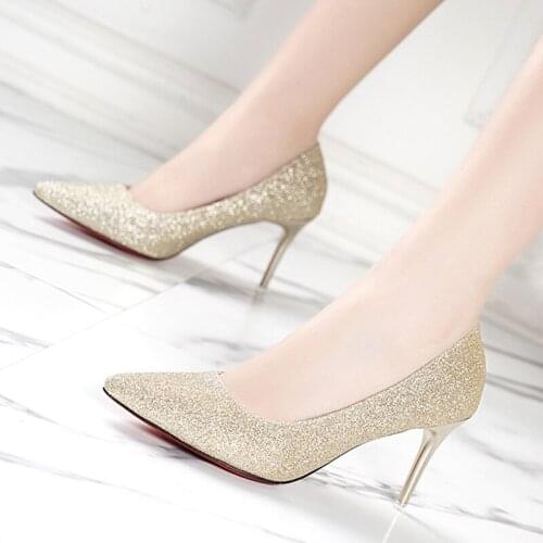 2021 Korean version of the new shallow-mouth pointed thin heel glitter silver sequined high heels fashion Joker gold single