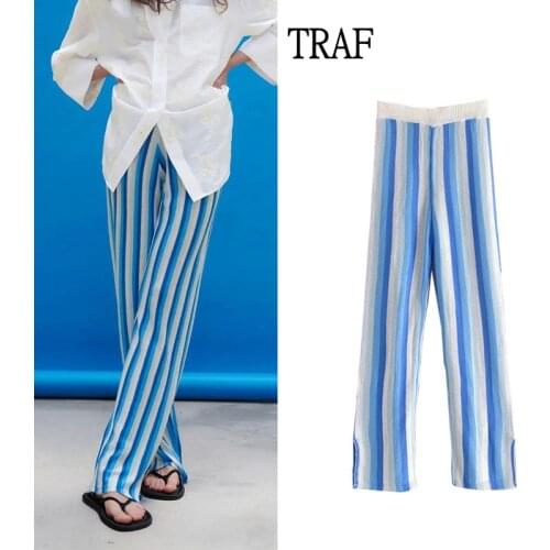 TRAF Za Womens Pants 2021 Autumn Stripes Knitted Trouser Woman Vintage Loose High Waist Y2k Pants Korean Fashion Wide Pants
