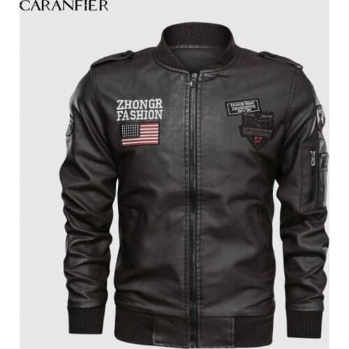 CARANFIER 2019 Jackets Pu Leather Men Casual Slim Embroidery Baseball Jacket Military Luxury Fleece Pilot Motorcycle Coats 3XL