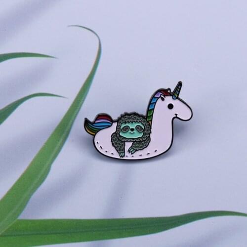 Swimming sloth in a cute unicorn pool float enamel pin Pool Party brooch rainbow art badge animal jewelry kids gift