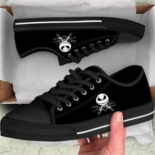 ELVISWORDS Jack The Nightmare Before Christmas Pattern Stylish Vulcanized Shoes for Ladies Low Top Canvas Lace Up Flats 2020