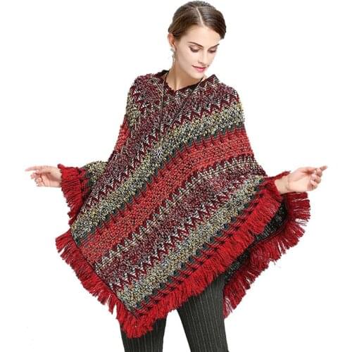 HanDanTian Fashion Color Striped Tassel Knit Pullover Retro Cape Shawl