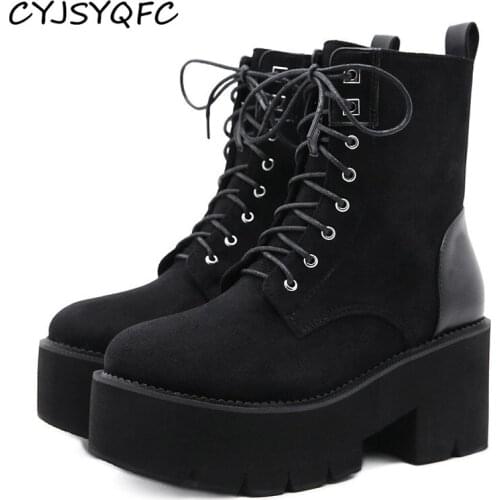 CYJSYQFC High Quality Suede Leather Lace Up Women Motorcycle Boots Autumn Winter Plush Inside Square Heels Platform Ankle Boots