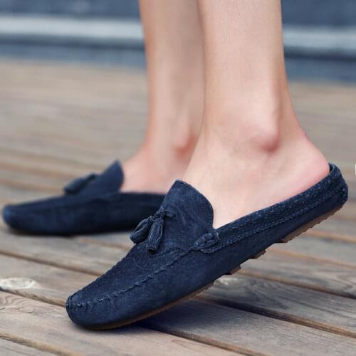 Mens Shoes Suede Casual Slippers Fashion Half Drag Loafers Light Breathable Slip on Flats Classic Outdoor Summer Driving Shoes