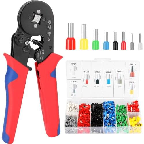 HSC8 6-4 0.25-10m㎡ AWG23-7 Ferrule Crimping Tool Kit High Hardness Crimper Plier with 1200pcs Wire Ferrules Crimp Ends Terminal