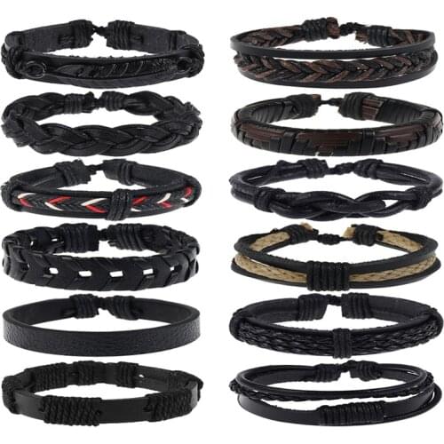 Wholesale 12PCS/set Mix Vintage Multiple Charm Bracelets Set for Men Woman Fashion Leather Bracelet & Bangles Mens Bracelet