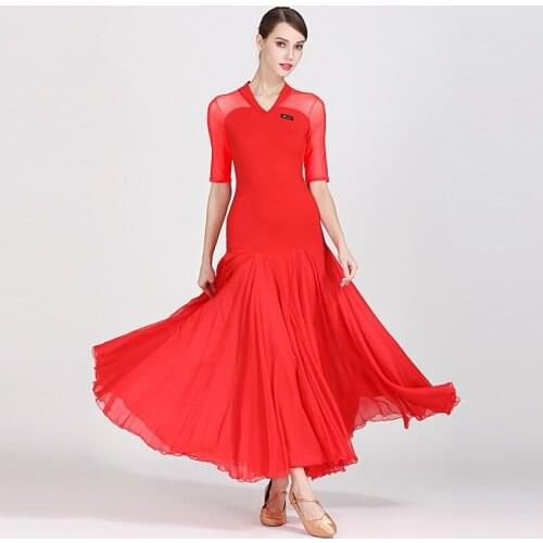 New Red V neck Ballroom Dance Dress Woman Modern Waltz Tango Dance Dresses Standard Ballroom Latin Dance Performance Costumes