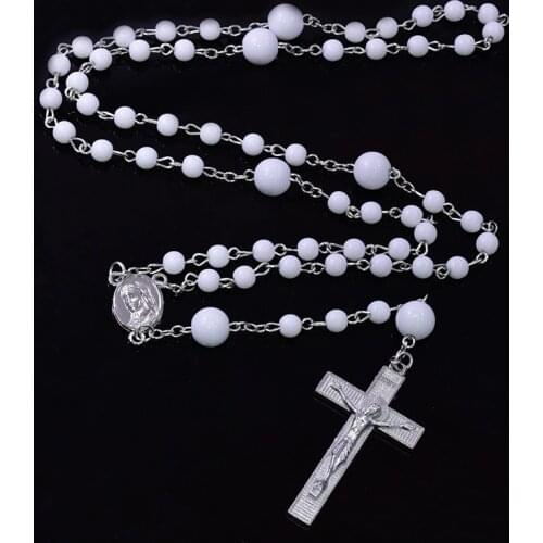 QIGO White Acrylic Beads Rosary Necklace Religious Cross Jewelry