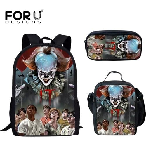 FORUDESIGNS Cool Style School Bags 3Pcs Set Horror Movie 3D Print Backpack New Fashion Student Daypack and Lunch Bags Pencil Bag