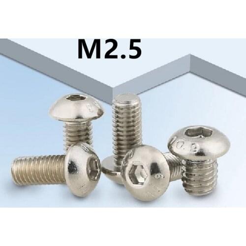 100pcs/lot M2.5x3/4/5/6/8/10/20mm GB70.2 10.9 nickel plating Round Head Screws Mushroom Hexagon Socket Button Head Screw ISO7380