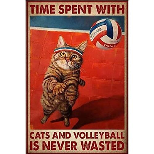 Time Spent with Cats and Volleyball is Never Wasted Poster Vintage Style Metal Wall Plaque Wall Decoration Metal Sign 8x12 inch