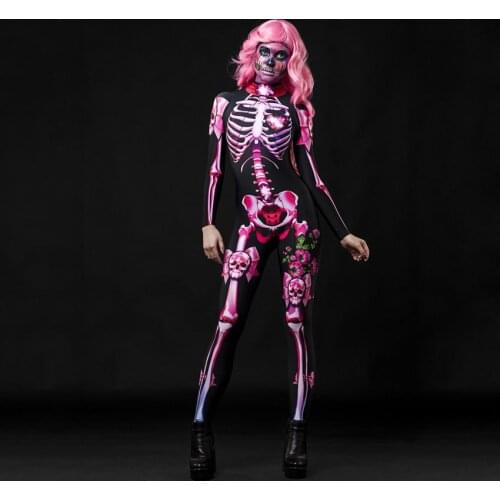 Adults Kids Mother Daughter Halloween Skeleton Cosplay Jumpsuit Pink Rose Women Sexy Skull Scary Costume Girls 3D Print Bodysuit
