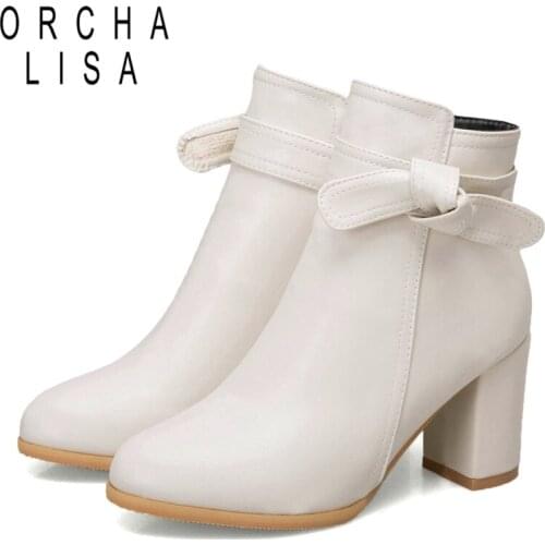 ORCHALISA Spring Autumn Ankle Boots Waterproof Woman Round Toe Bow Zipper 2022 7cm Chunky Square Heels Small Big 32-52 S2415