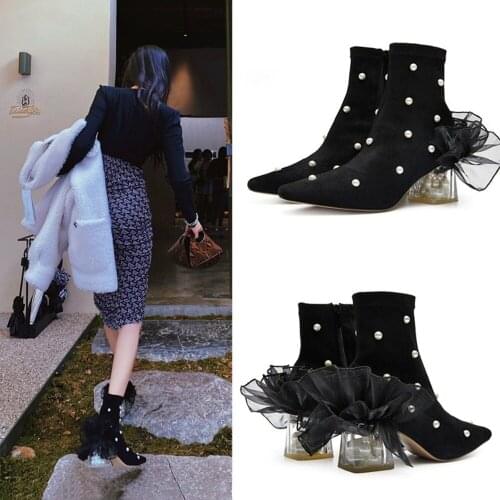 OLOMLB Womens Round Toe Pearls Lace Decor Ankle Boots Sexy Block Clear Transparent Crystal Heel Shoes Black New 2020 Fashion