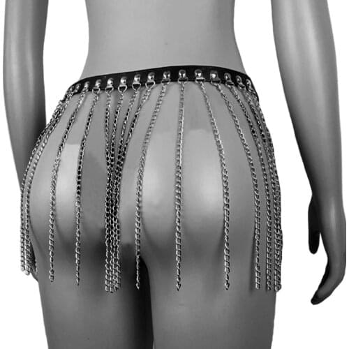 Sexy Punk Metal tassel Chain waist belt for Women Black pu Leather pin buckle adjustable Chain belt Girdle Night club accessorie