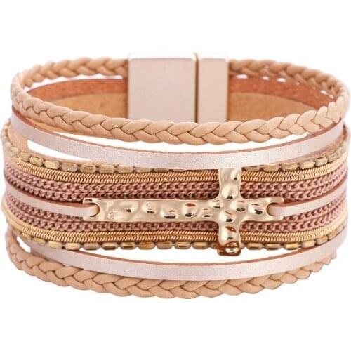 ORNAPEADIA Bracelet for Women Bohemian Multi-layer Chain PV Braided Cross Magnetic Buckle Bracelet Wholesale Bangles