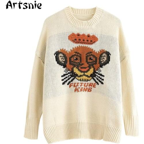 Artsnie disney cartoon embroidery womens sweater autumn o neck long sleeve pull femme vintage casual oversized sweaters jumper