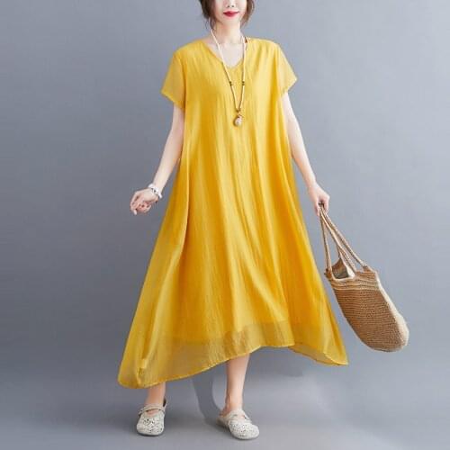 2021 New Arrival Short Sleeve Loose Summer Dress Solid Color V-neck Plus Size Holiday Travel Beach Casual Dress Women Long Dress