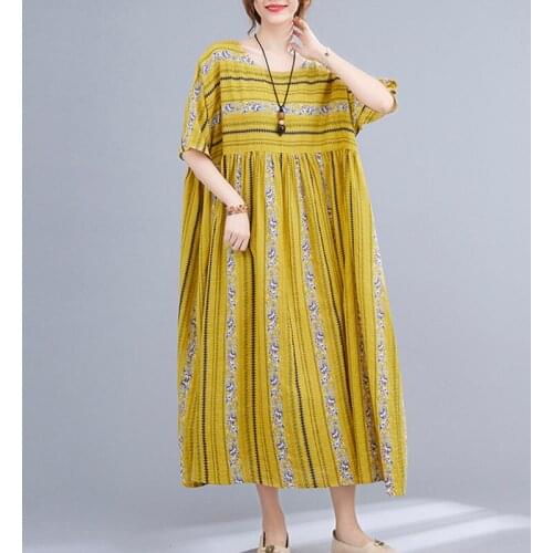 2021 New Arrival Loose Summer Dress Print Floral striped Soft Cotton Linen Oversized Women Casual Dress Holiday Beach Style Dres