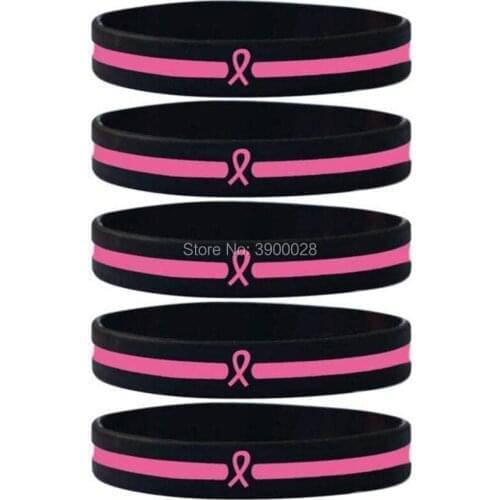 100pcs Pink Ribbon with The Thin Pink Line silicone wristband bracelet free shipping by ePacket