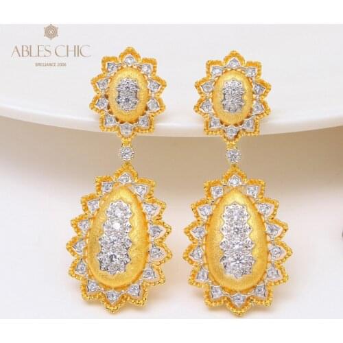 18K Gold Two Tone Royal High Silky Floral Dangling Earrings 925 Silver CZ Flower Ancient Earring Renaissance Jewelry C11E4S25153