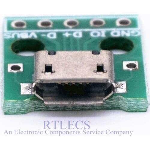 2 pcs Micro USB 2.0 Receptacle Female Socket Soldered on PCB Adapter to 5 pin 2.54 mm Through Holes Single Row Pin DIP
