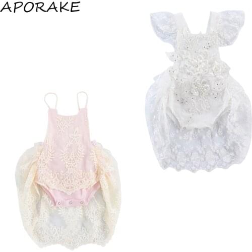 2021 Princess 0-24M Infant Baby Girl Romper Dress 3D Flower Embroidery Pearls Fly Sleeve Lace Playsuit Birthday Party Dress