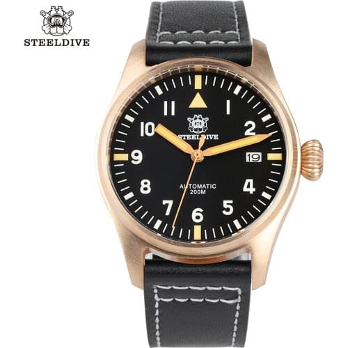 STEELDIVE Bronze Diver Watch 200m NH35A Pilot Automatic Watch NH35 Sapphire Crystal CuSn8 Bronze Pilot Watch C3 Super Luminous