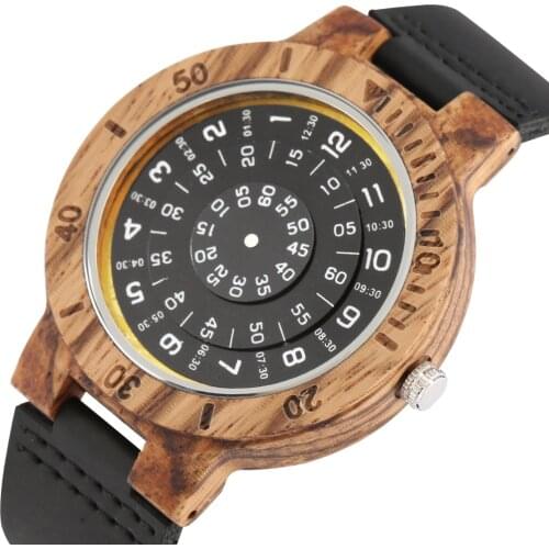 Creative Wood Watch Men Turntable Display Real Bamboo Wooden Watches Male Black Leather Bracelet Wristwatches Relogio Masculino