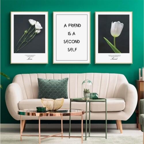 Nordic Decoration White Flower Wall Art Canvas Painting Love Quotes Posters and prints Green Plant Wall Pictures for Living Room