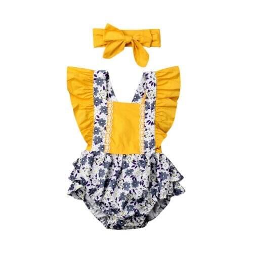 Baby Bodysuit 2019 Summer Newborn Baby Girl Floral Sleeveless Bodysuit Jumpsuit+Headband Outfit Set Clothes