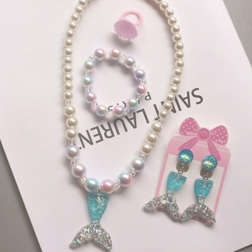 Beautiful Mermaid Scales Animals Cute Necklace Ring Earrings Bracelet Cosplay Jewelry Sets for Kids Girls Christmas Gift Jewelry